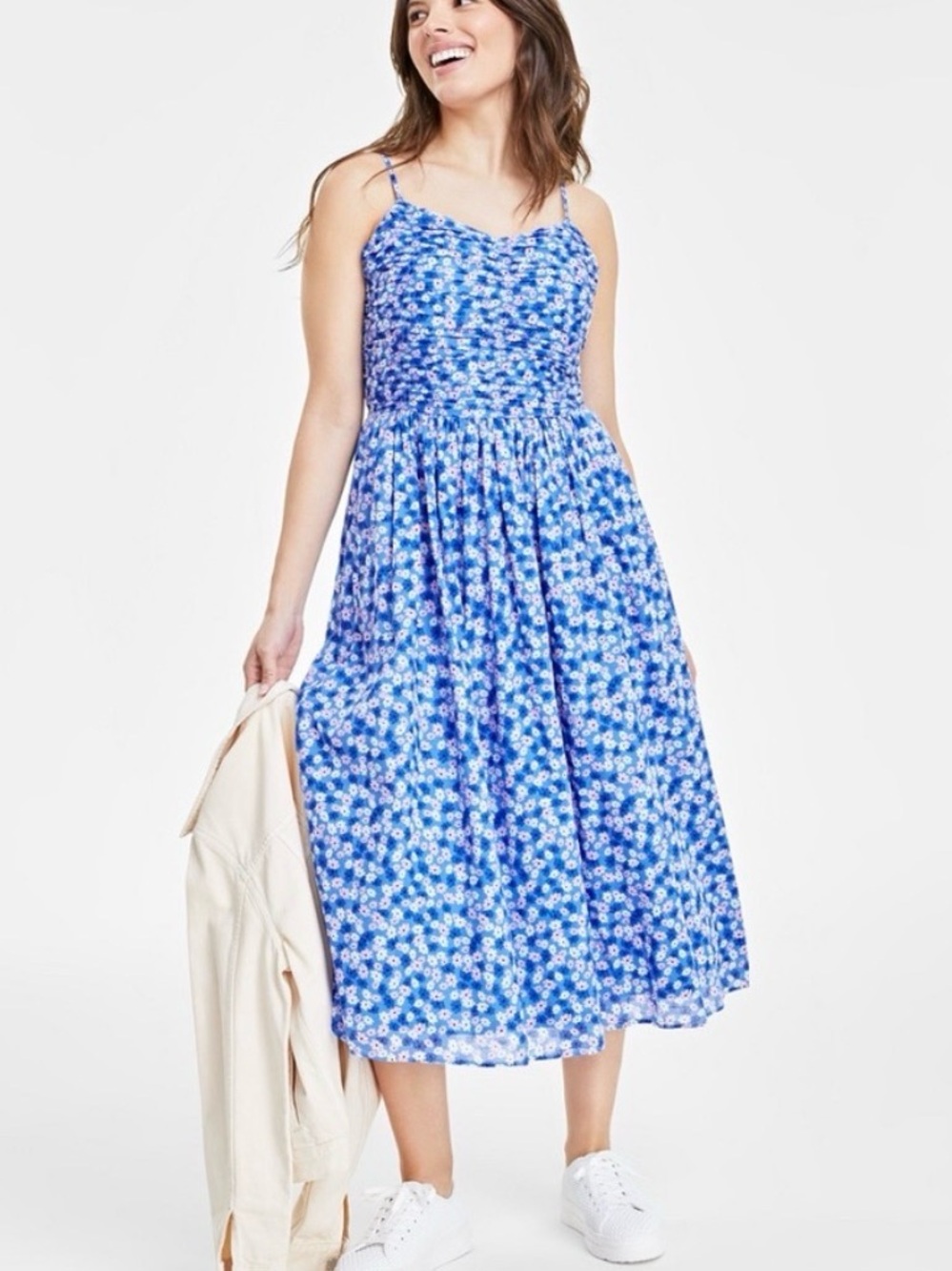 On 34th Macys Blue Floral Midi Sundress with Spaghetti Straps